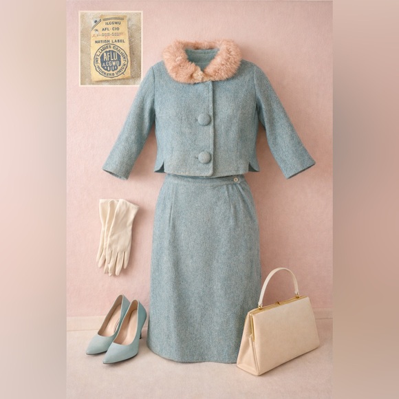 Dresses & Skirts - Vintage 1950s ILGWU Wool Suit | Blue Bouclé Jacket & Pencil Skirt Fur Collar 2/4